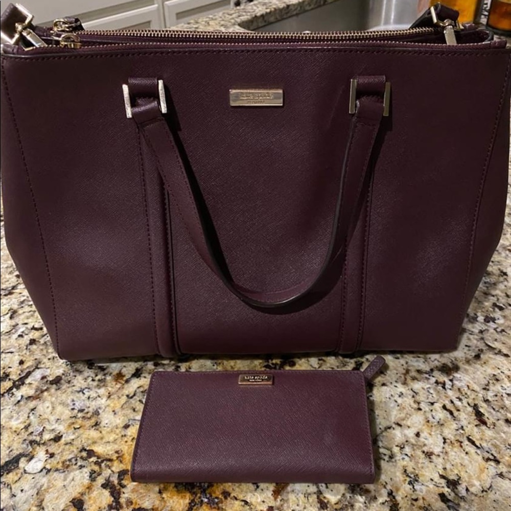 Late Spade Wine Leather Tote Bag and Wallet